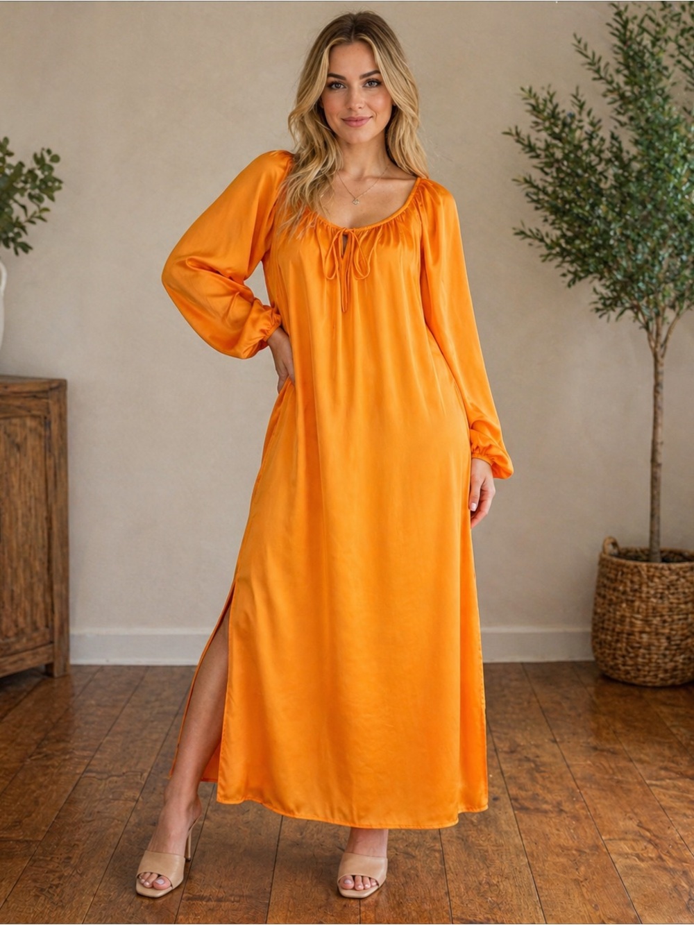 Satin Maxi Dress in Vibrant Orange